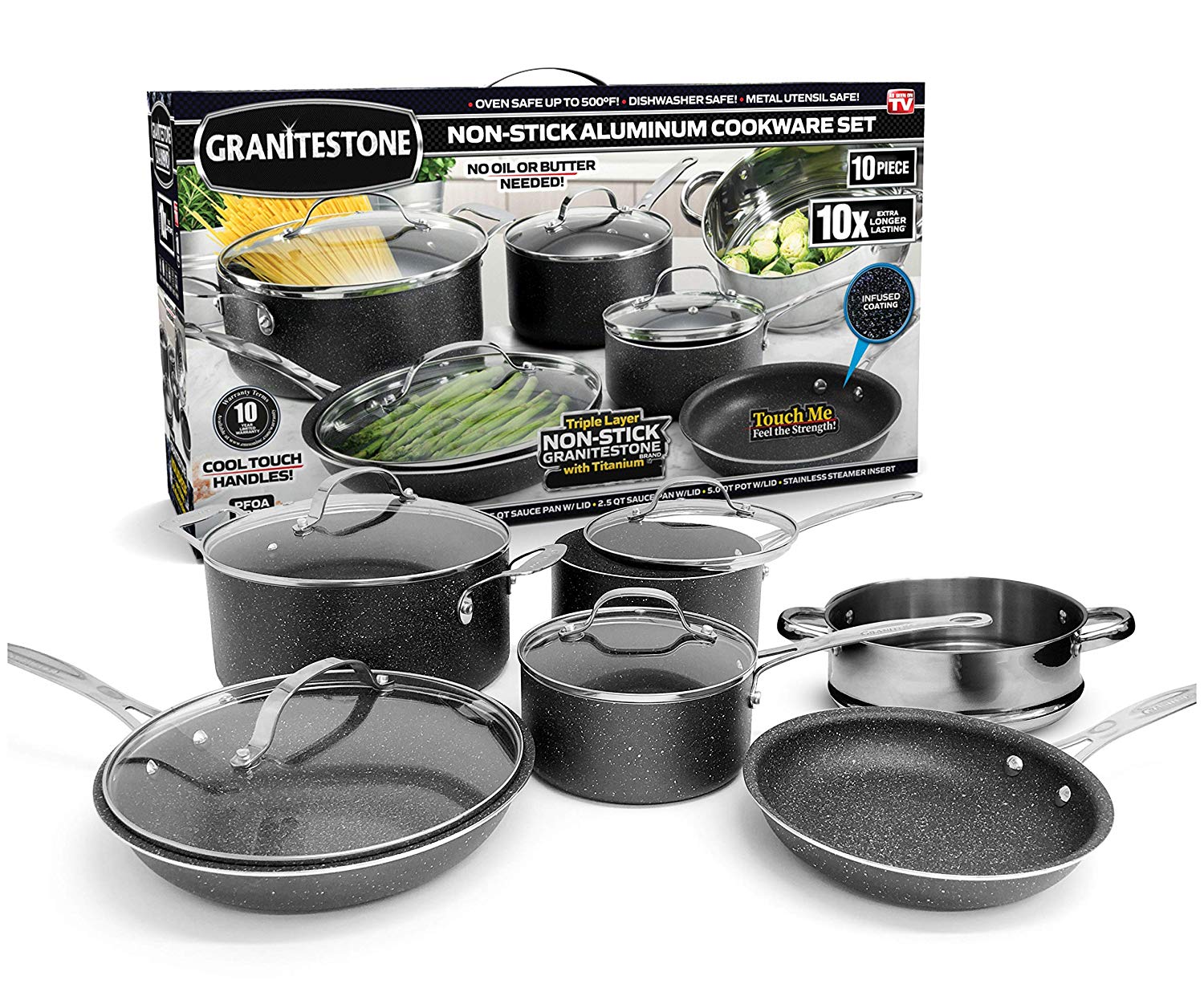 Granite Stone Pots and Pans Set, 10 Piece Nonstick Cookware Set, Includes Steamer, Scratch Resistant, Granite Coated, Dishwasher and Oven-Safe, PFOA-Free, Black - image 3 of 11