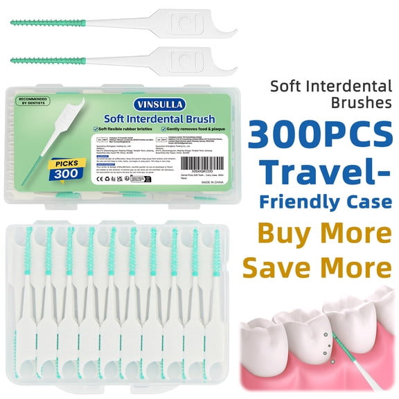 VINSULLA Dental Floss Picks for Teeth Cleaning, Easy to Use Disposable Interdental Brushes with Convenient Carry Case, (Green, 300 Count)