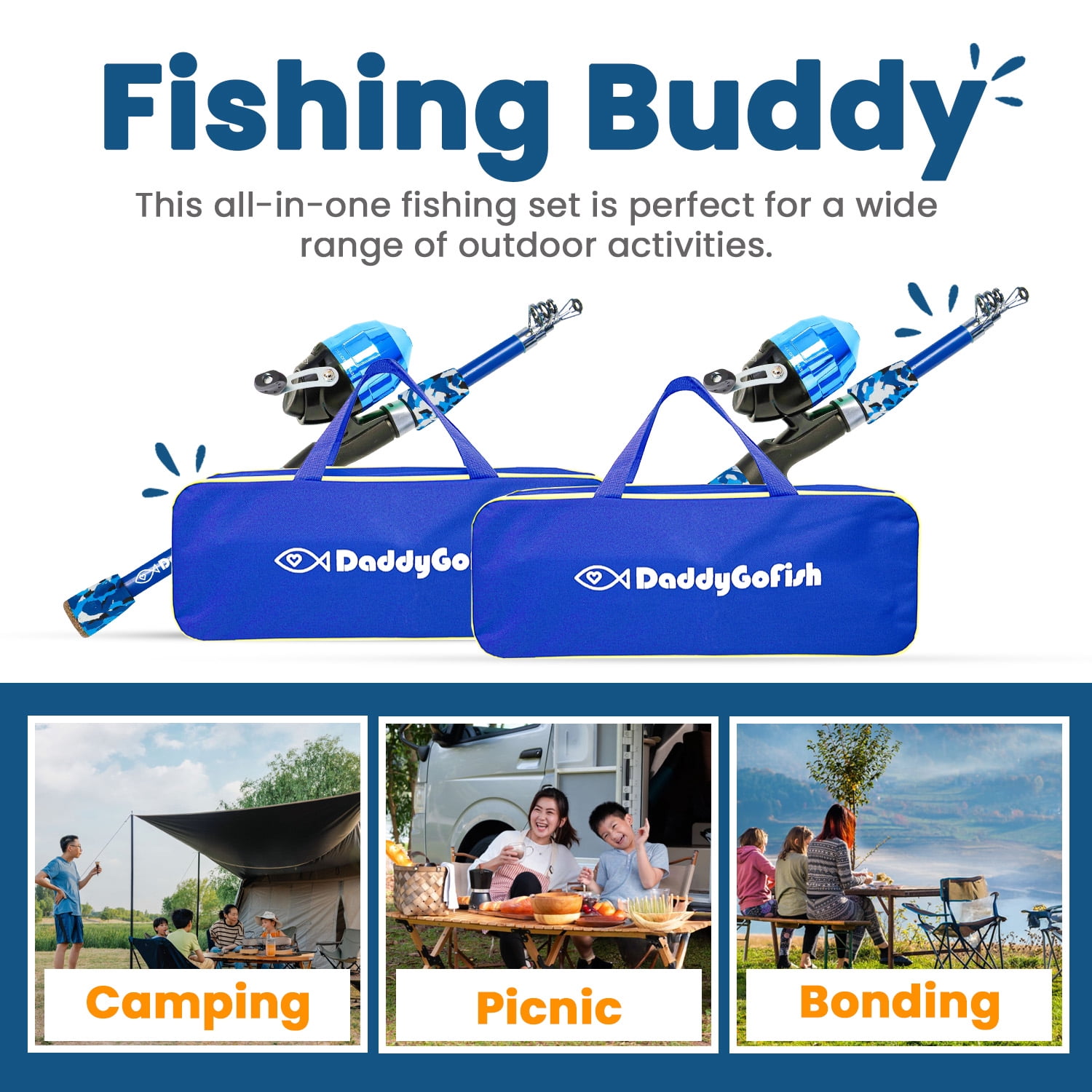 DaddyGoFish Kids Fishing Pole - Rod Reel Combo Tackle Box Starter Set - First Year Small Gear Kit for Boys Girls Toddler Youth Age Beginner Little Children (Essential Set, Blue + Blue, 4ft)