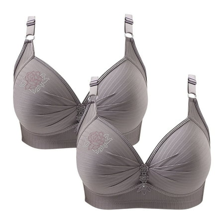 miqiqism 2 PCS Bra for Women Wire Free Brassieres Comfortable Wireless Bralette Fixed Pad No Underwire Bras Trendy Solid Lace Adjustable Straps Bra Gray 3X-Large