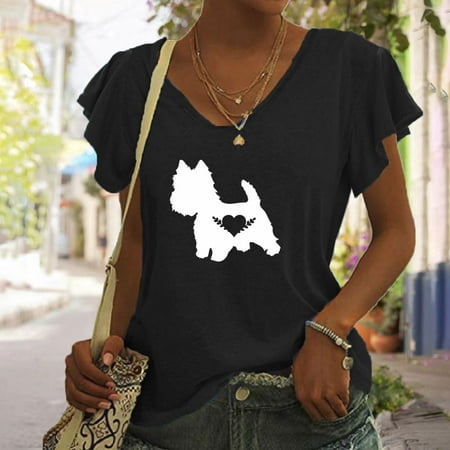 

Juebong I Have A Dog Women Ruffles Cap Sleeve Shirts Comfy V Neck Basic Tops Dog Lover Flowy Blouse Funny Printed Ruffled Short Sleeve Solid Tunic T Shirts