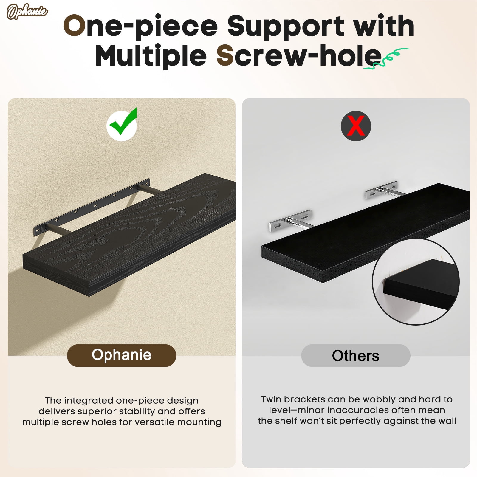 Ophanie 22.5 inch 2 Pack Wood Floating Shelves, Hanging Float Shelf for Wall Mounted Decorative Shelves, 6.7 x 23 Inch, Set of 2, Black