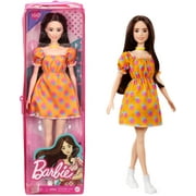 Barbie Fashionistas Doll #160 with Long Brunette Hair Wearing Patterned Orange Dress, White Shoes & Yellow Choker, Toy for Kids 3 to 8 Years Old