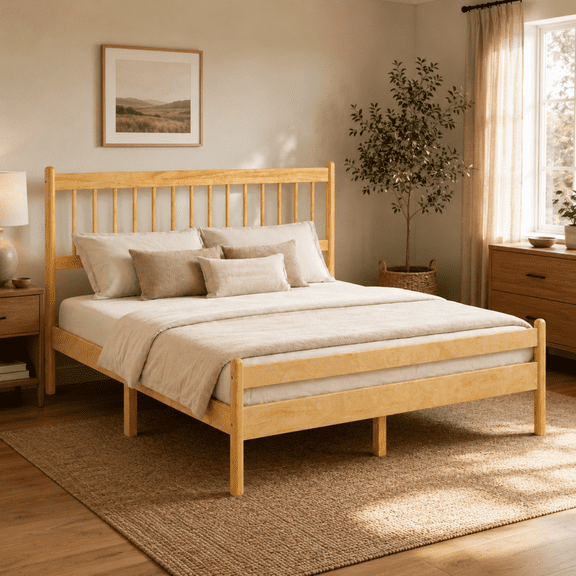 Miniyam Queen Pine Wood Platform Bed Frame with Spindle Headboard, 9.8" Underbed Storage, Natural