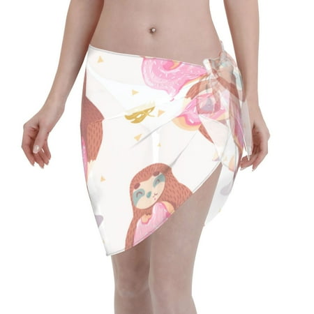 Adobk Women Beach Sarong Bathing Suit Sloth With Donuts1 Print Wrap Skirt Sheer Bikini Swimsuit Cover Ups For Swimwear