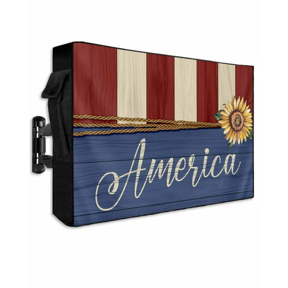 4th of July Outdoor TV Cover 60 to 65 Inch Weatherproof, Sunflower Independence Day 600D Oxford TV Covers with Waterproof Zipper, Outside Flat TV Screen Protector Size 58"W x 37"H x 4.5"D