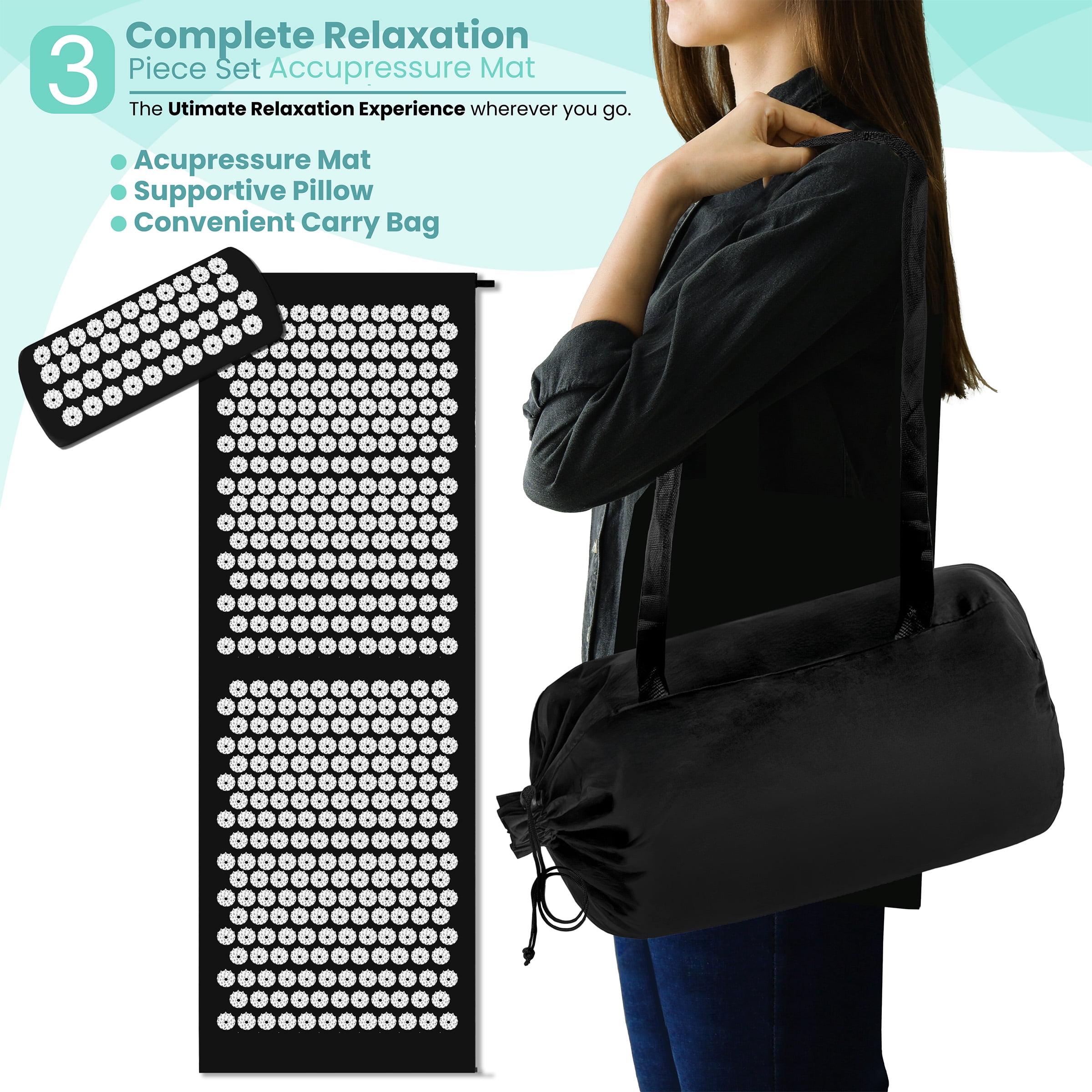 Sivan Health and Fitness Large Acupressure Mat and Pillow Set - Grounding Mat for Stress, Back & Neck Pain - Acupuncture Point Massage Mat - Includes Carry Bag