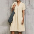thumbnail image 3 of QUYUON Women’s Linen Shirt Dress Summer Casual Solid Color Short Sleeve V Neck Collar T Shirts Mini Dress Loose Fit Cotton Linen Dress T-Shirt Beach Sundress, 3 of 6