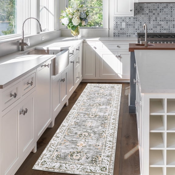 Geetinfly 2*6FT Area Rugs 2in*6in Persian Boho Runner Rug Vintage Floral Distressed Runners Anti-Slip Low Pile Bedsides Floor Carpet for Kitchen Laundry Gray Green Gray green tone