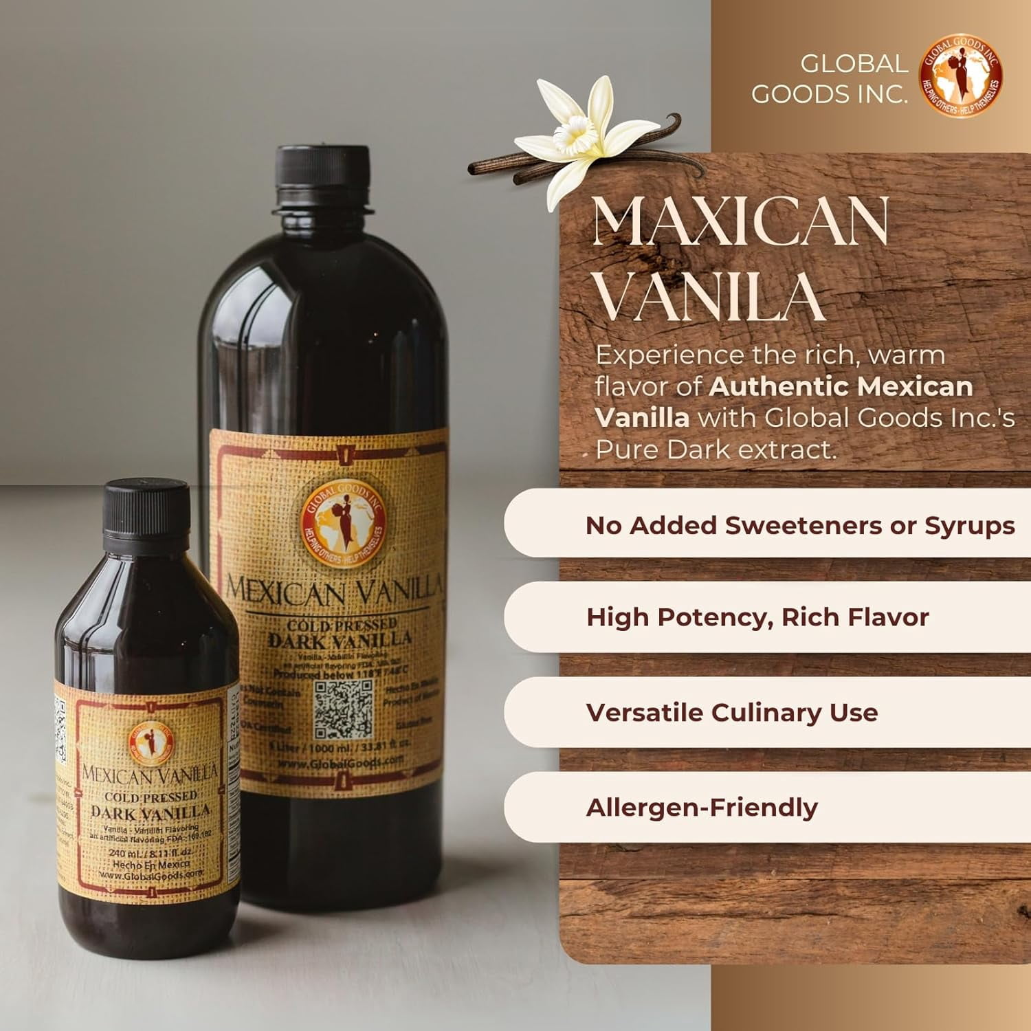 Pure Dark Mexican Vanilla Extract Gluten Free Vanilla for Baking Cakes, Cookies, Desserts, Coffee & Beverages Natural, Bold Flavour 33.81 fl oz bottle