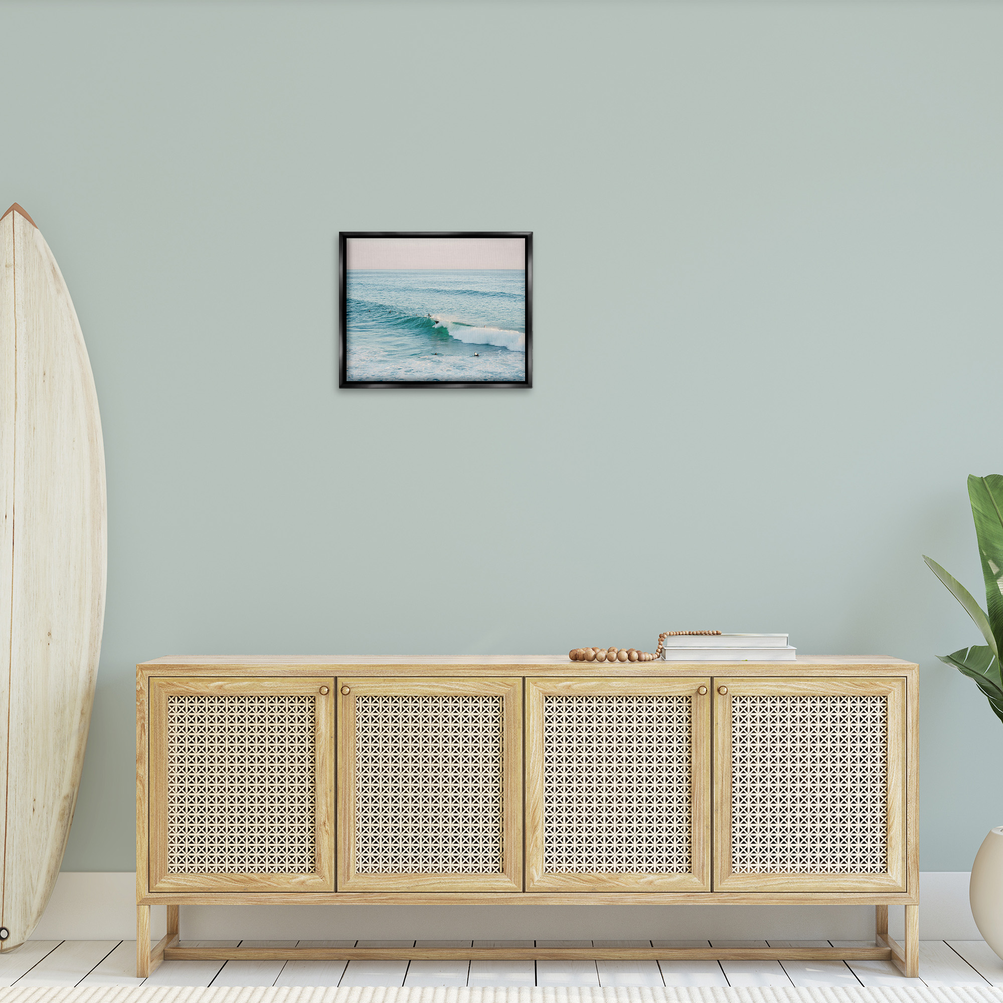 Stupell Industries Surfers Riding Waves Landscape Photography Black Floater Framed Canvas Art Print Wall Art, 21 x 17