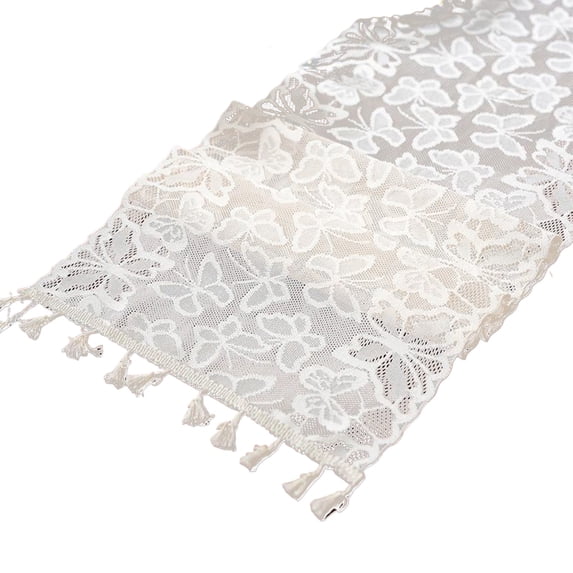 Yakvarog Crochet Lace Table Runner, 14" x 72" Boho Embroidered Lace Tassel Table Runners, Rustic Farmhouse White Table Runner, Mesh Woven Table Runner for Wedding Bridal Christmas Party