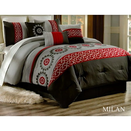 Unique Home Milan Comforter 7 Piece Bed Set Ruffled In A Bag Clearance Bedding Duvet Fade Resistant Super Soft Calking Gray Red Black