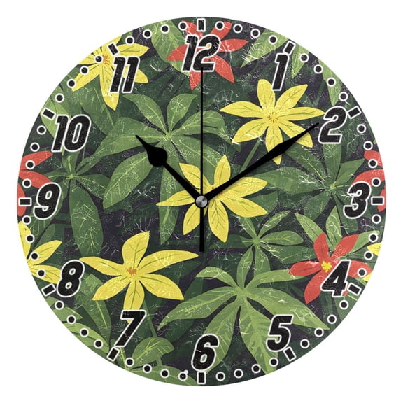 Dailycode Round Wall Clock Battery Operated Silent Non-Ticking Hanging Clock 10" Red Yellow Flower and Leaves