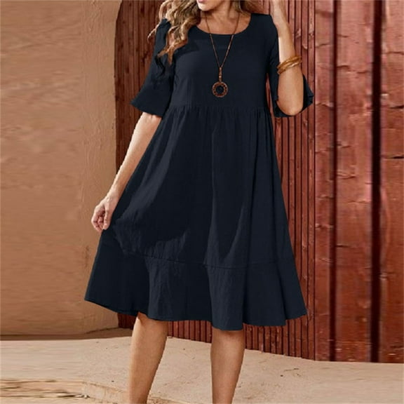 LSOLMD Loose Dresses for Women 2024 Fall Fall Short Sleeve Round Neck Dress High Waist Tiered Swing Knee Length Dress