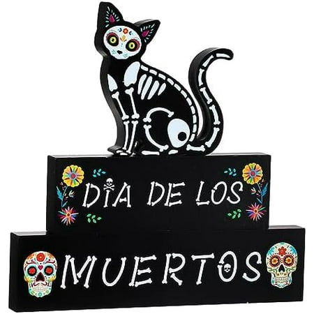 3 Pieces Day of the Dead Decorations Dia De Los Muertos Wooden Block Cat Skull sign Centerpiece for Table Halloween Party wood Centerpieces decor Sugar Skull Signs for Mexican Home