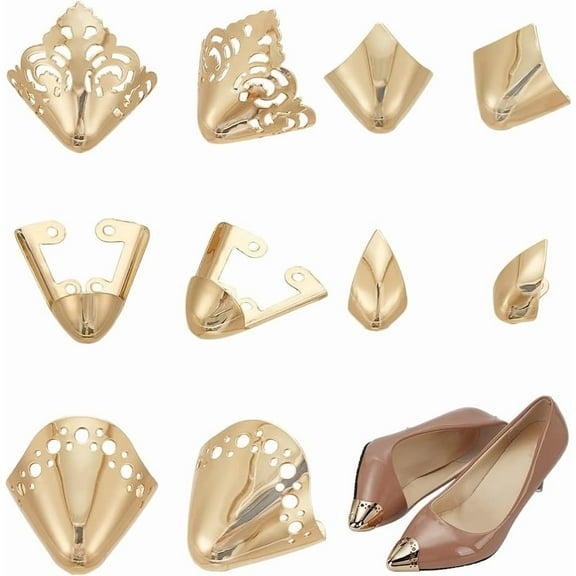 10Pcs 5 Styles Iron Toe Cap Covers Toe Protectors for Pointed Toe High-Heeled Shoes Light Gold 16~38.5x20~37.5x13.5~28mm 2pcs/style