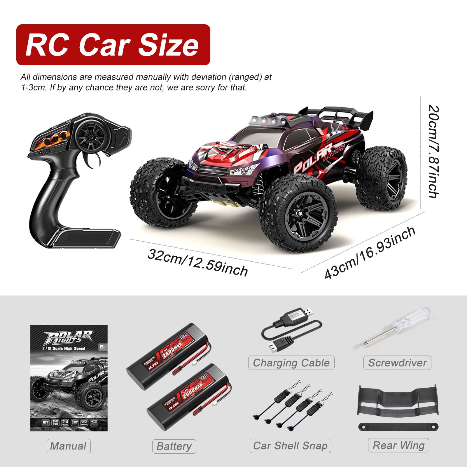 1:8 All Terrain High Speed Off Road RC Cars For Adult, 45KM/H Racing Drifting Climbing Truck, 2.4Ghz Remote Control, LED Lights, 2 Rechargeable 2600mAh Batteries
