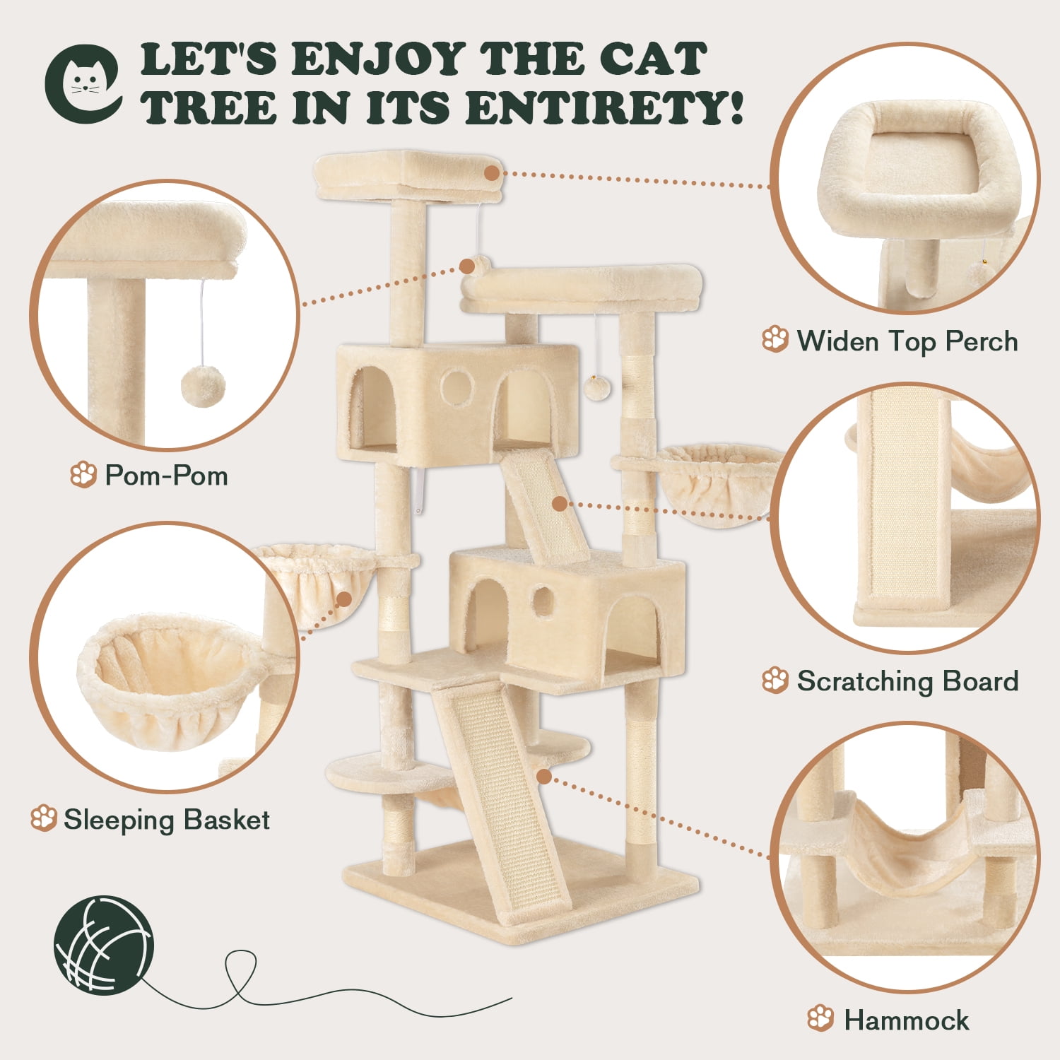 Amolife 65.7" Large Cat Tree and Tower Condo for Indoor Cats with 2 Scratching Boards, Hammock & Post, Beige