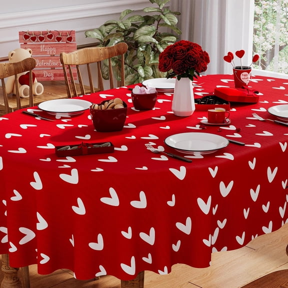 Valentines Tablecloth Oval 60x84 Inch, Washable Red Love Hearts Valentines Day Tablecloth Waterproof Dining Table Cloth Sweet Home Party Decorations