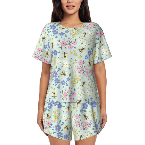 Balery Honey Bees And Flowers Conjunto de Pijama para Mujer con Estampado, Dos Piezas de Manga Corta y Shorts, Ropa de Dormir Suave con Cuello Redondo y Bolsillos-XX-Large