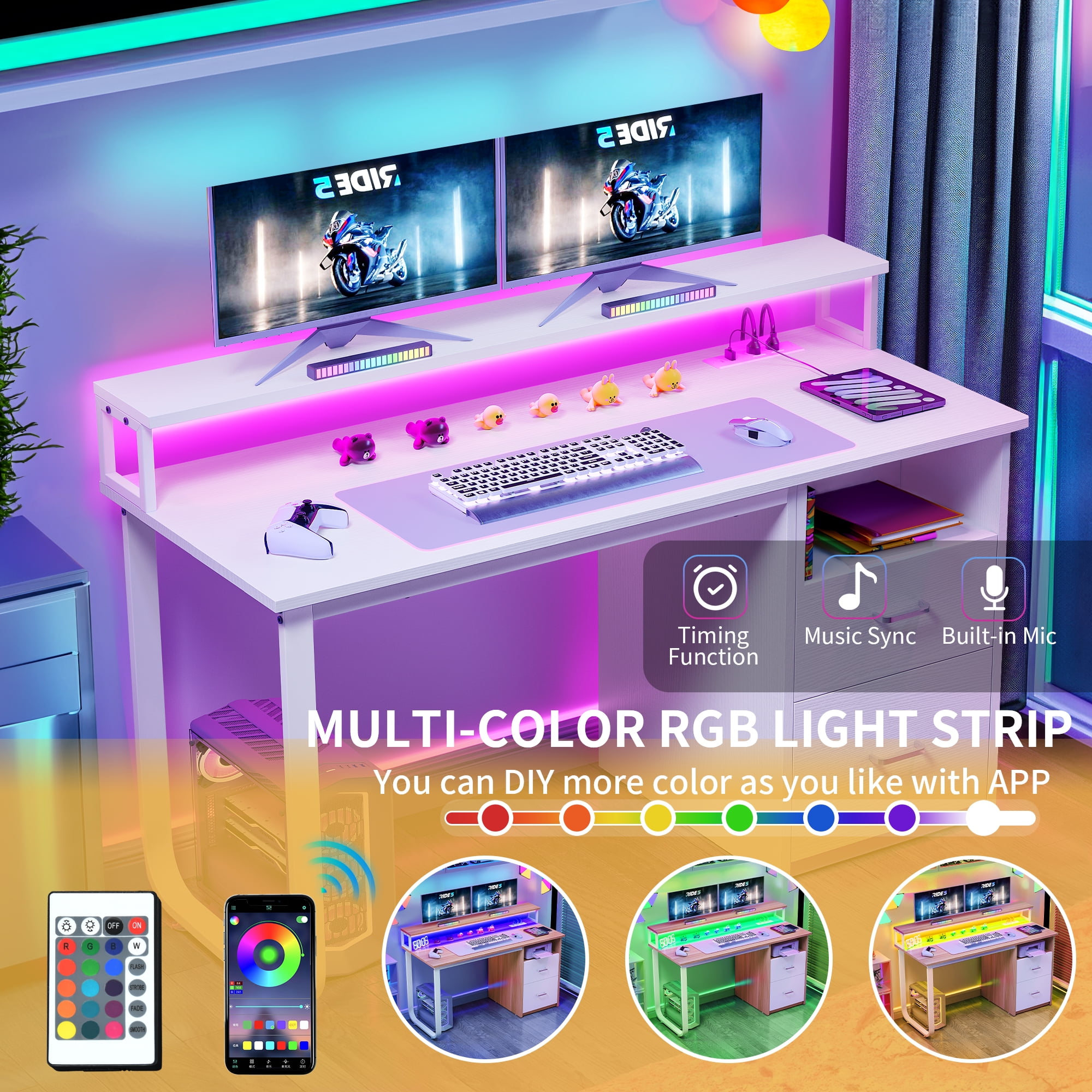 Uforic 47" Computer Desk with Drawers, Home Office Desk with LED Lights& Power Outlet, White