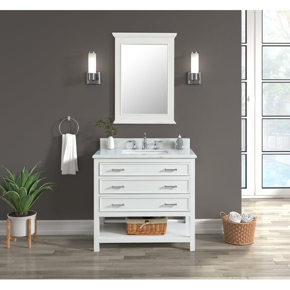 Manhattan 36" Single Bathroom Vanity, 37" W x 22" D x 34.5" H, Carrara Marble Top with Sink & Backsplash, Dove White, Solid Wood, Pre-Assembled, 3 Soft-Close Drawers,1 Shelf