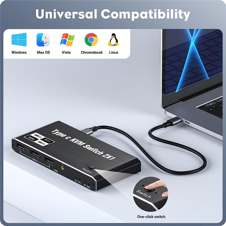 AUBEAMTO USB C KVM Switch 8K@60Hz 4K@120Hz, 2 Port Type C KVM Switch for 2 Computers Share 1 Monitor, USB C KCM with 3 USB 2.0 Ports & 100W Power Delivery, 2 USB-C Cables Included