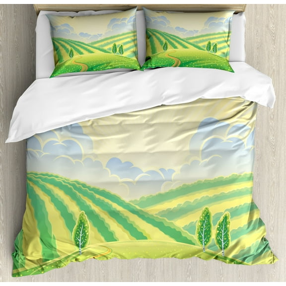Nature Duvet Cover Set Queen Size, Hills and Sunrise Roads Fields Countryside Cartoonish Illustration, Decorative 3 Piece Bedding Set with 2 Pillow Shams, Fern Green and Multicolor, by Ambesonne