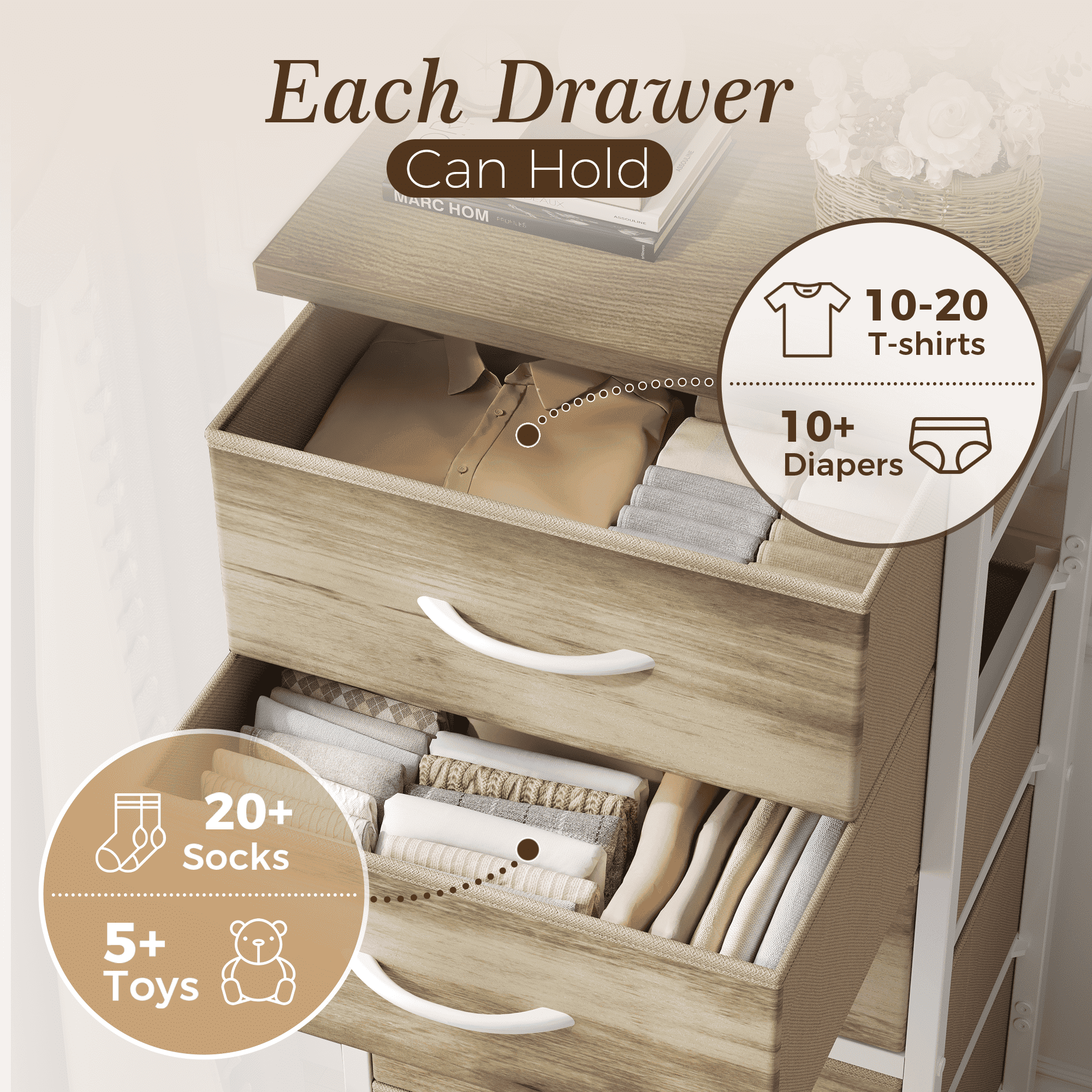 CONCETTA Tall Storage Dresser with 6 Fabric Drawers, Metal Frame with Cross Support Rods, Anti-Tip, Wood Top for Bedrooms, Offices and Compact Spaces, Oak