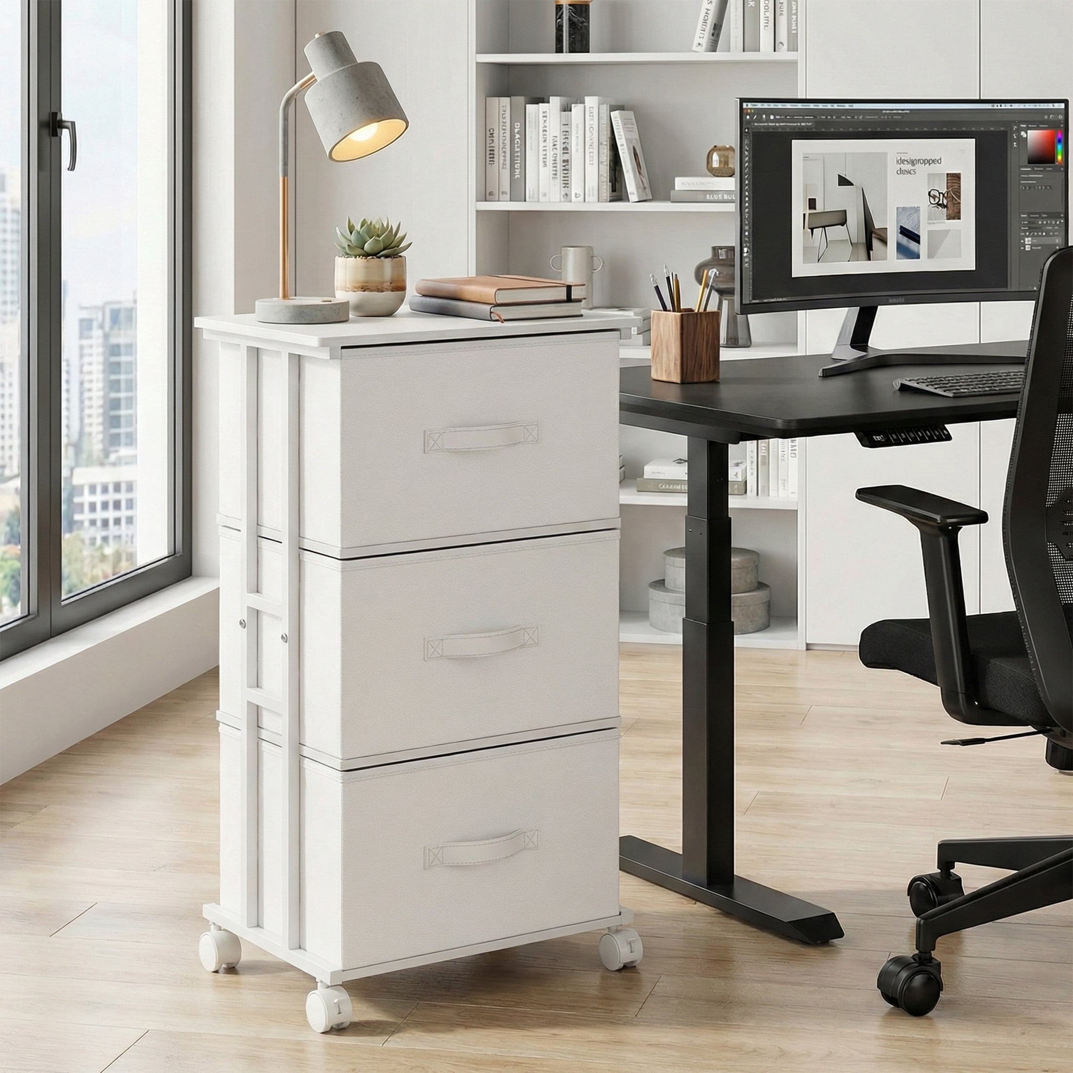 CONCETTA Dresser Storage with 3 Drawers, Storage with Wheels for Bedroom, Home Office, White