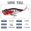 thumbnail image 2 of Topwater Popper Fishing Lure, Splashing Hard Bait with Cupped Mouth, 3D Eyes and 2 Treble Hooks, Red Black, 0.44 oz, 3.54 Inch, 2 of 4