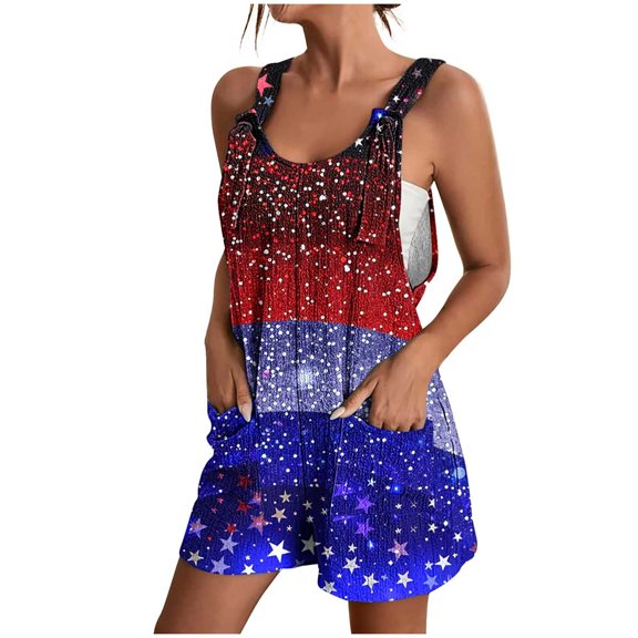 Mitankcoo 4th of July Print Rompers for Women Casual Pockets Summer Sleeveless Everyday Short Jumpsuits M-3XL
