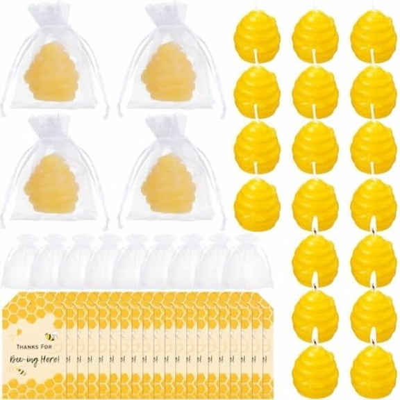 20 Sets Beehive Candle Honeycomb Votive Candles with Thank You Tags and Organza Gift Bags for Baby Shower Party Favor Bee Themed Party Decorations Centerpieces for Tables