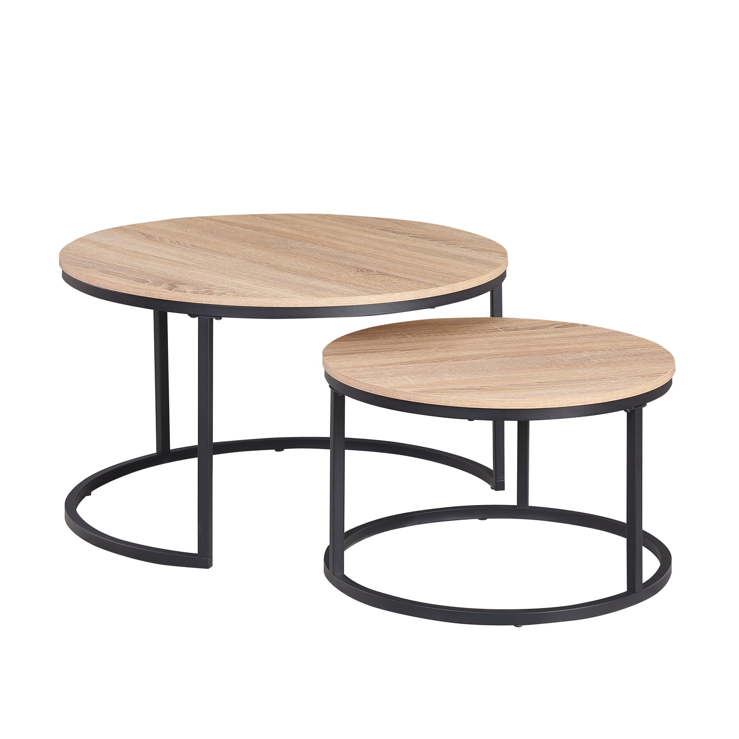 CENSI Round Nesting Coffee Table Set of 2, 31.5" Natural Oak Wood & Metal Frame, Modern Industrial Stacking Center Tables for Living Room, Scandi Boho Decor, Sturdy Circle Accent Furniture