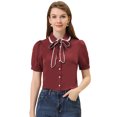 thumbnail image 1 of INSPIRE CHIC Chemisier pour Femme à Col Peter Pan Contrastant, Manches Bouffantes, Boutonné, à Nouer au Cou, Rouge Vin, TP, 1 of 5