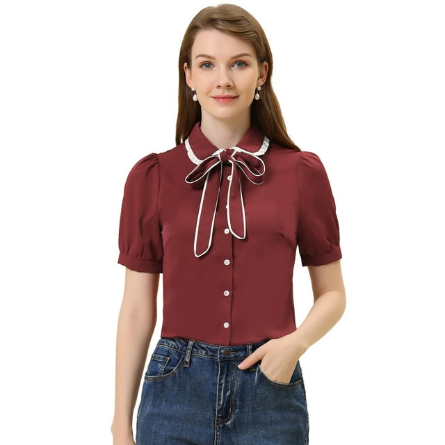 INSPIRE CHIC Chemisier à Col Contrasté Peter Pan pour Femmes, Manches Bouffantes, Boutonné, Rouge Vin, Taille g