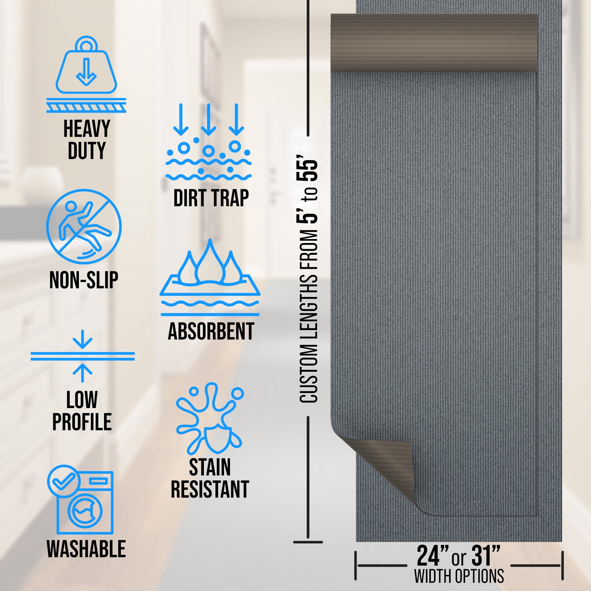31 in. Wide x Cut-to-Length – Non-Slip, All-Weather, Heavy-Duty Utility Runner Rug – Absorbent, Dirt-Trapping, Kid and Pet Safe for Entryways and High-Traffic Areas, Gray