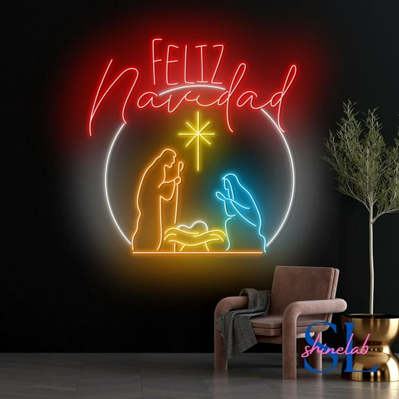 Shinelab Nativity Scene Neon Sign, Feliz Navidad Led Sign, Jesus Birth Christmas Led Sign, Christian Holiday Decor 1185