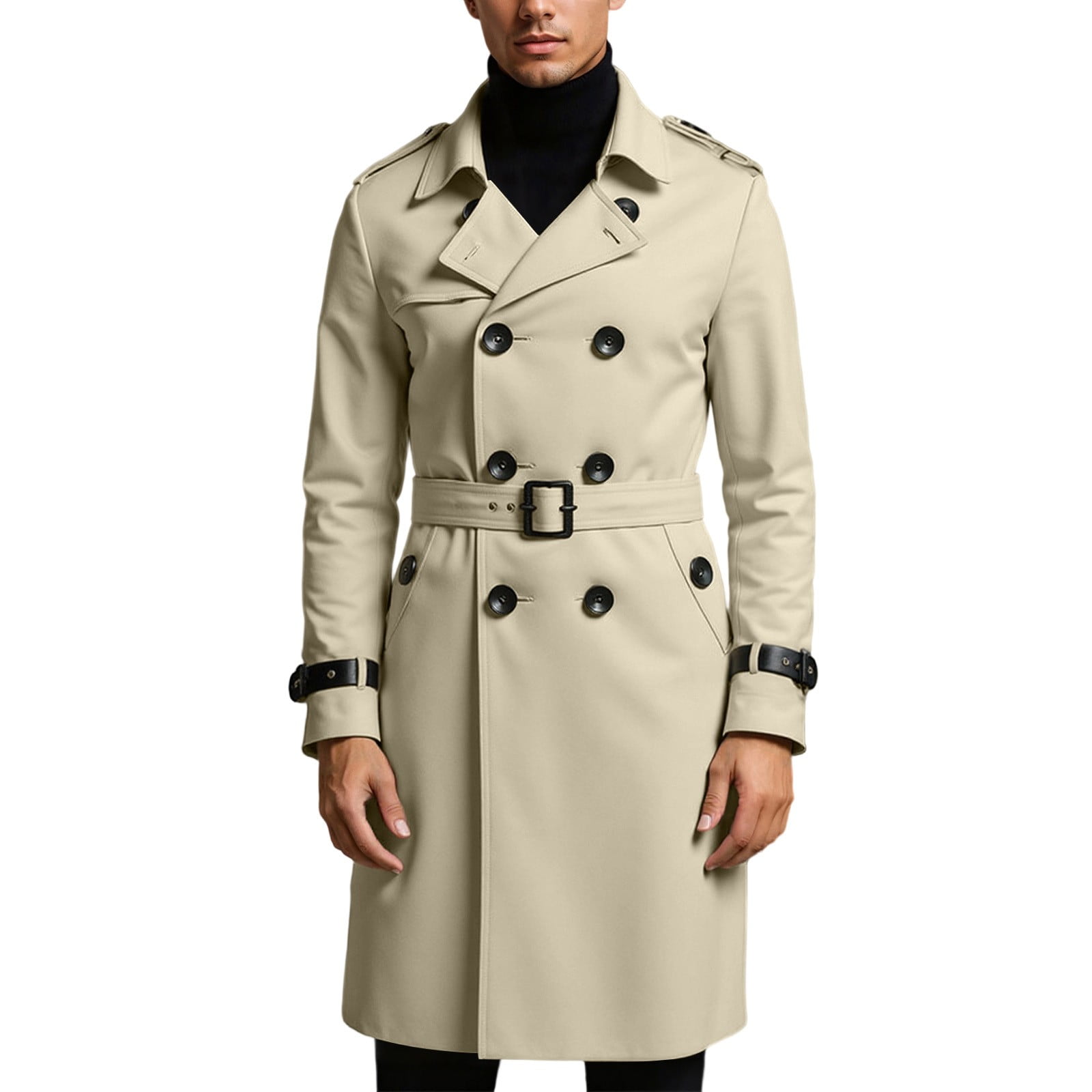 Mens Trench Coat Slim Fit Notched Collar Jacket Fall Winter Wool