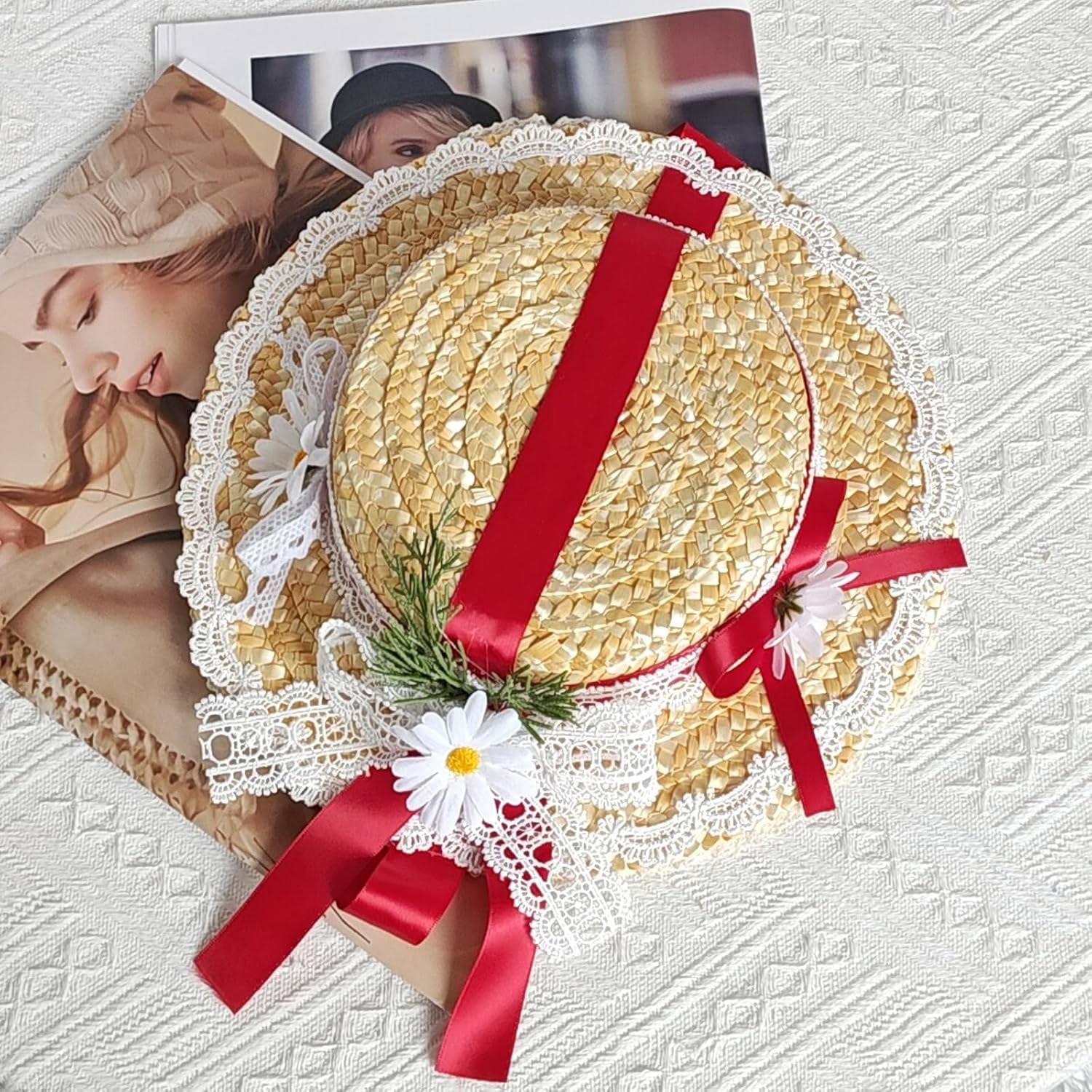 Kukuzhu Girls Women Victorian Tea Party Sun Hat, Lolita Lace Ribbons Straw Flat Hat Wide Brim Flower Bonnet Cap