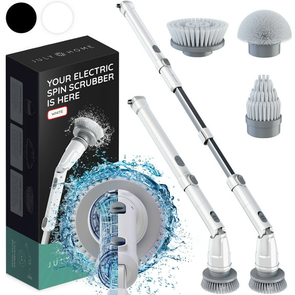 JULY HOME Electric Shower Scrubber with Extendable Handle - Electric Scrubs Brush - Electric Shower Scrubber with 3 Replaceable Brush - Bathtubs Brush for Tile, Kitchen, Cars - Electric Spin Scrubber