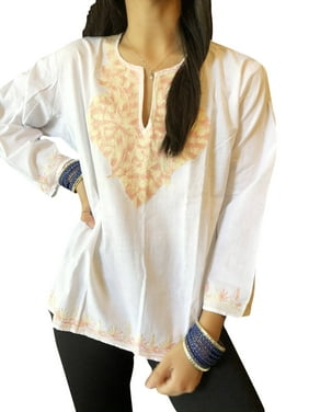 Women Blouse White Tunic Pink Embroidered Handmade Loose Bohemian Summer Cotton Tops M