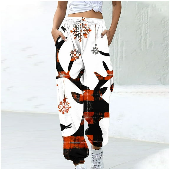 WXLWZYWL Women Merry Christmas Sweatpants Drawstring Jogger Snowflake Fun Print Elastic Waist Casual Trousers Warm Comfy Pants with Pockets