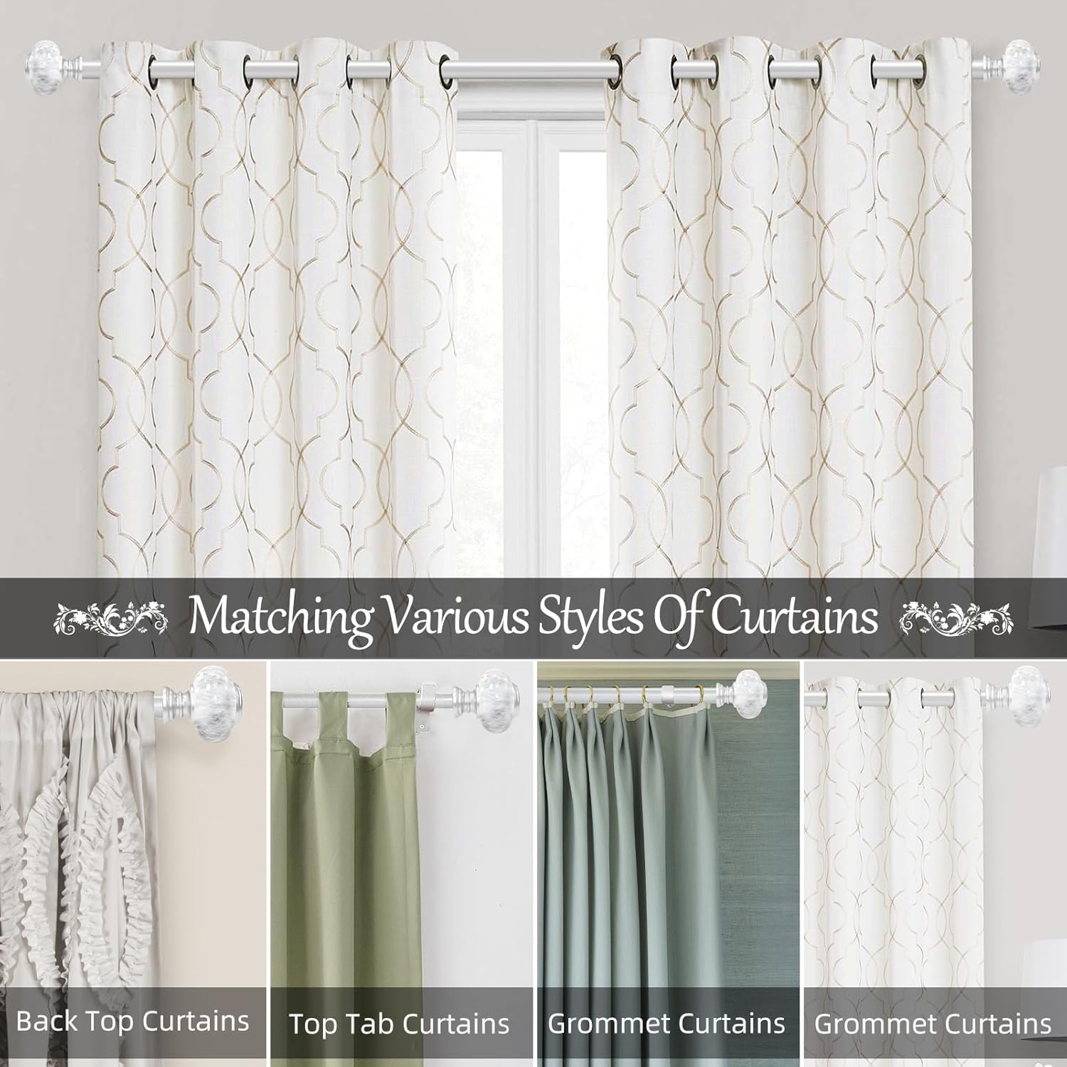 Silver Curtain Rod for Windows 36 To 88 Inches (3-7.3ft): 1 Inch Diameter Adjustable Curtain Rod - Heavy Duty Silver Curtain Rod with Marble Grain Finials