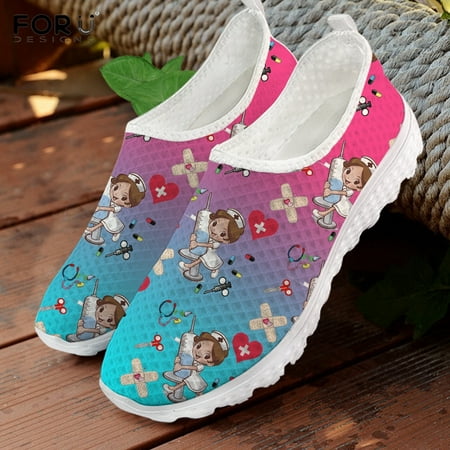 

FORUDESIGNS Casual Summer Ladies Slip On Sneakers Lovely Cartoon Nurse Pattern Flats Shoes Red and White Gradient Women Footwear
