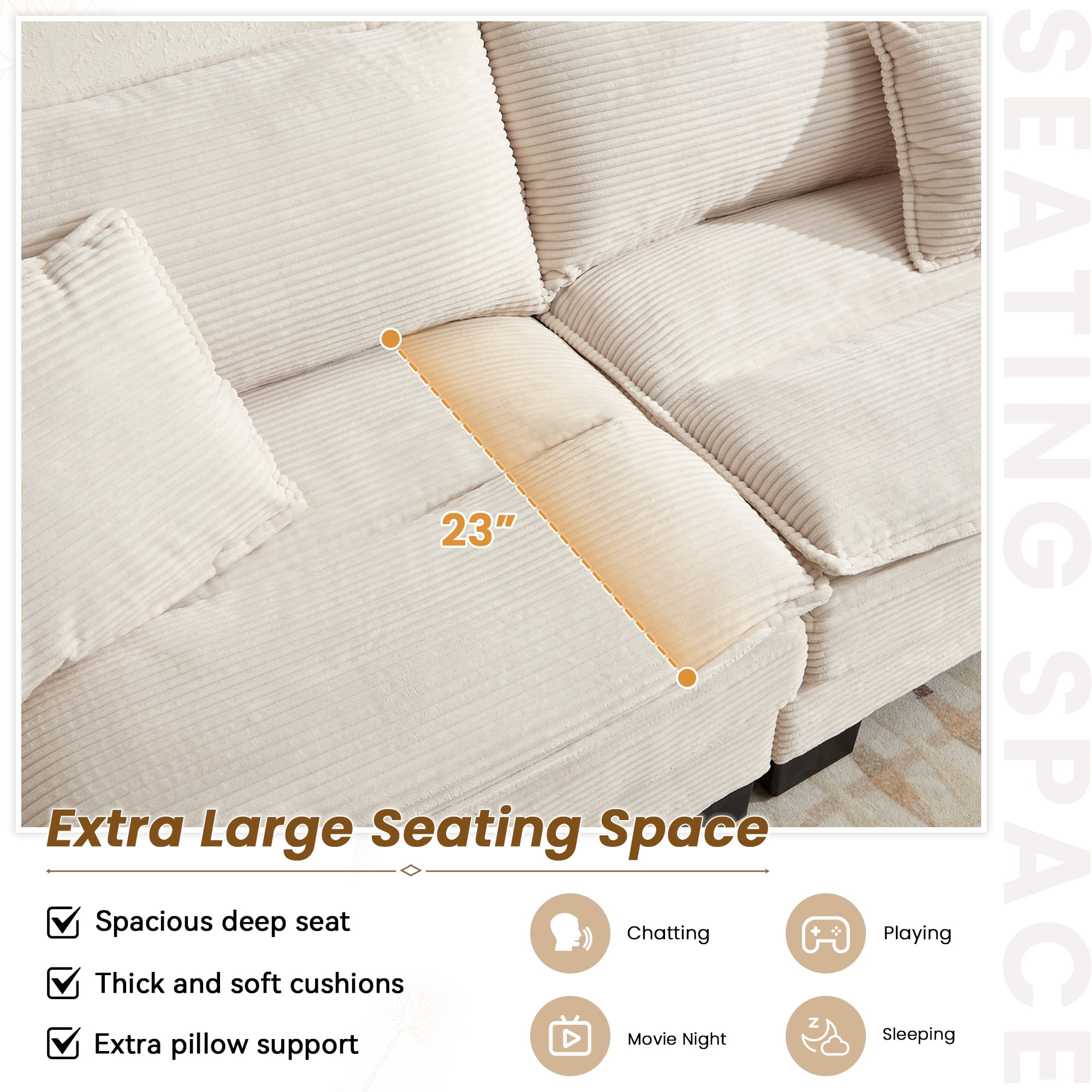 Dinosisco 84"L Deep Seat Sofa, Corduroy Upholstered Sleeper Couch for Living Room, Beige