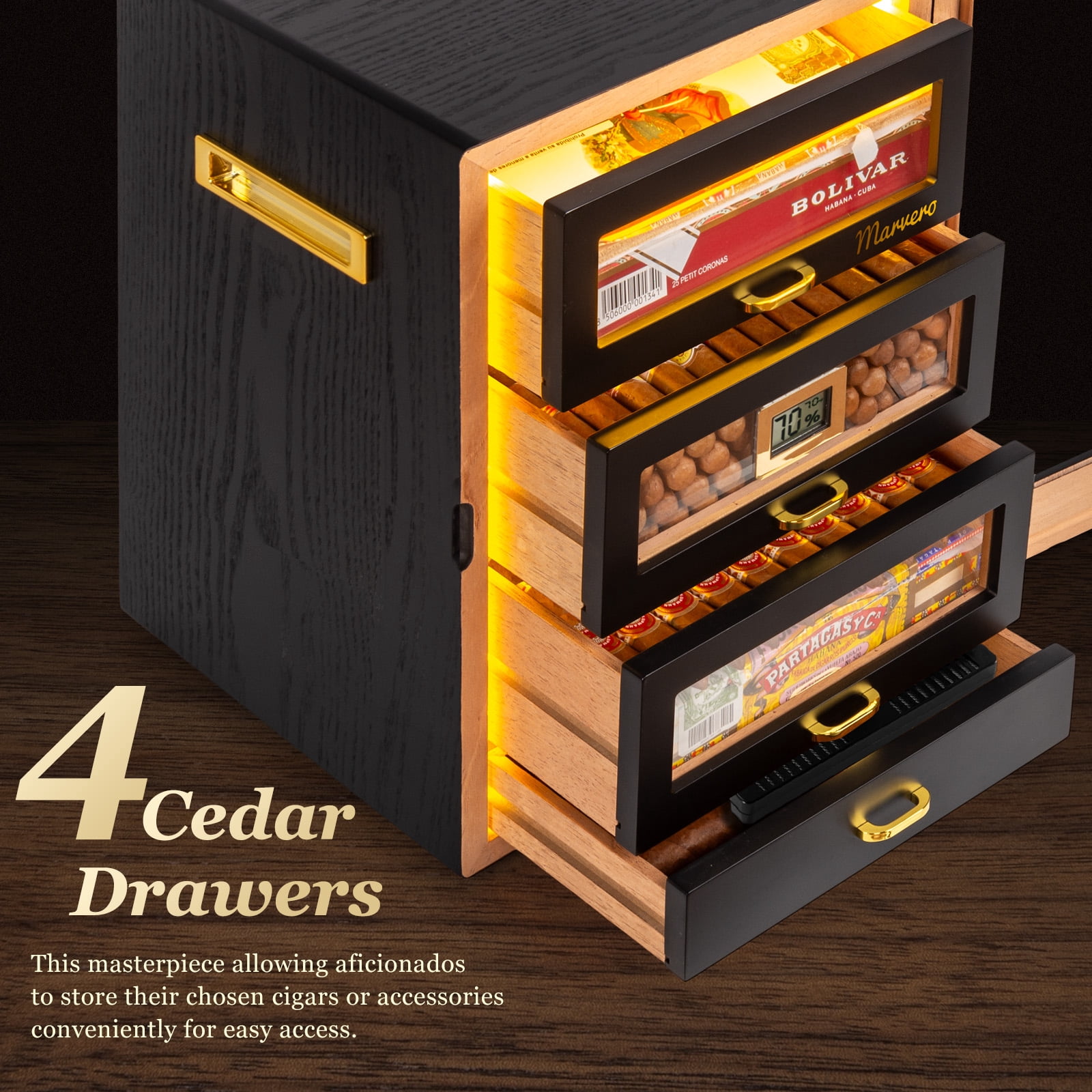 Marvero Cigar Humidor Cabinet, 200 Count, Black Finish, Glass Door, LED Light, Digital Hygrometer, Cedar Drawers