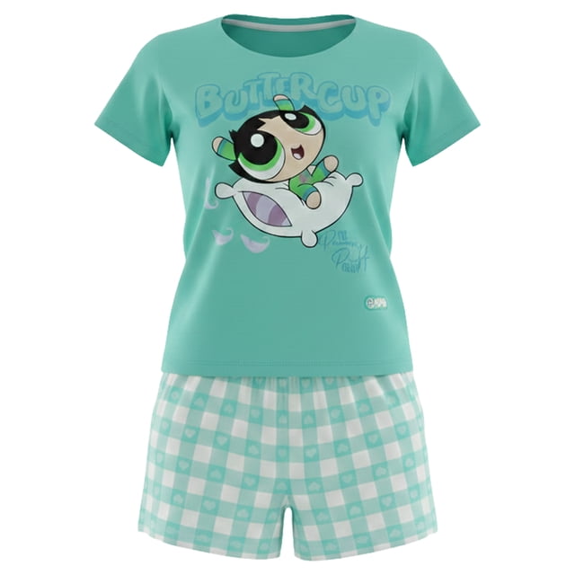 Pijama The Powerpuff Girls para Dama Set Playera Manga Corta con Short Verde Talla M 2 Piezas
