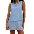 thumbnail image 2 of Blue Young Adult Tops Women's Summer 2 Piece Outfits Sleeveless Tank Top Matching Shorts Sets Cotton Striped Sweatsuits Vacation Beach 2025 Going Out Tops for Women, 2 of 6